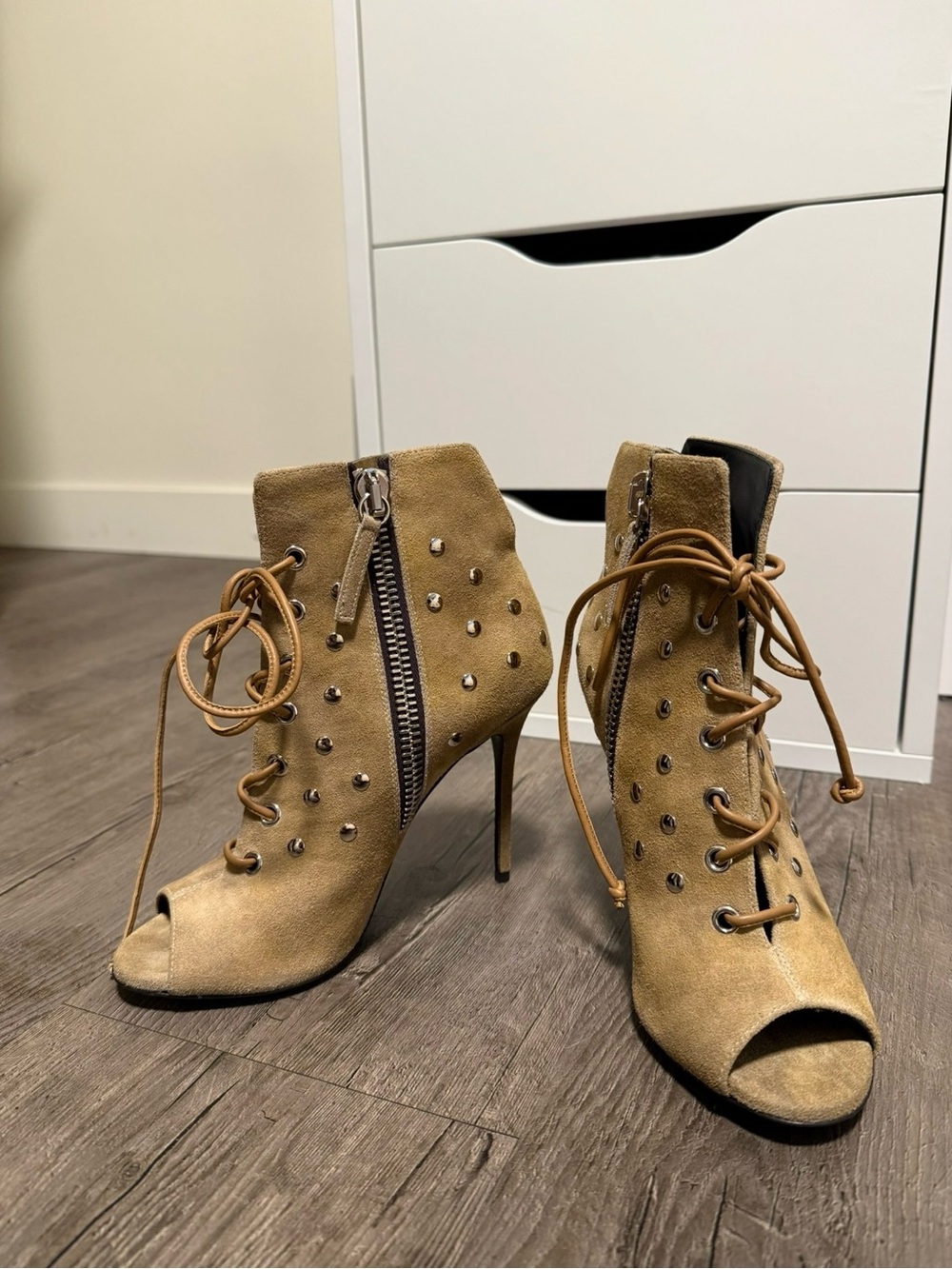 Giuseppe Zanotti Tan Suede Lace-Up Peep-Toe Studded Booties